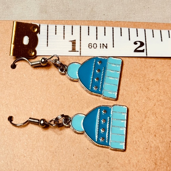 Stainless Steel Earring Hooks Blue Teal & Silver Dangle Stocking Caps Handmade - Picture 4 of 5